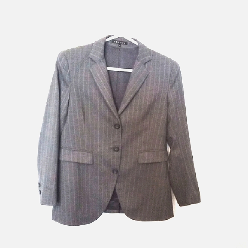 Theory Women's Grey Wool Three Button Pinstripe 3 Button Blazer Sz 10